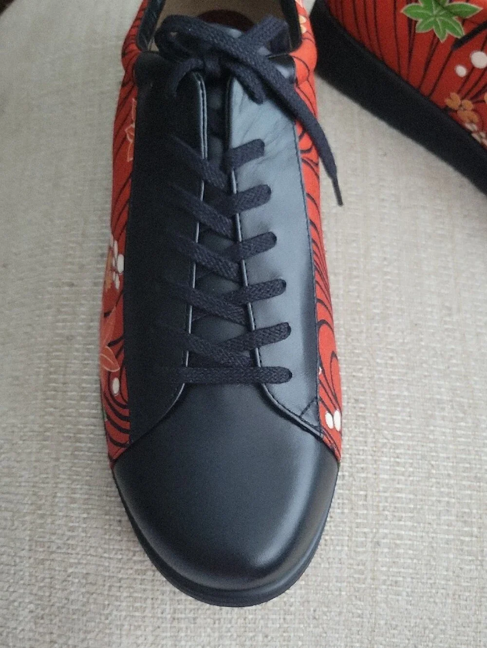 Tokyo Kimono Men's Red Floral Silk Kimono Lace-Up Sneakers with Black LeatheTrim